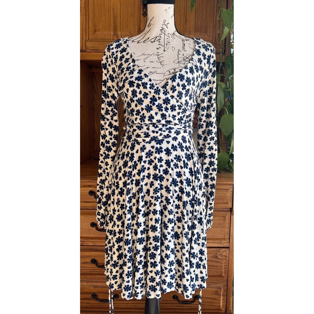 Free People Pradera Ivory Blue Floral Faux Wrap Long Sleeve Mini Dress XS